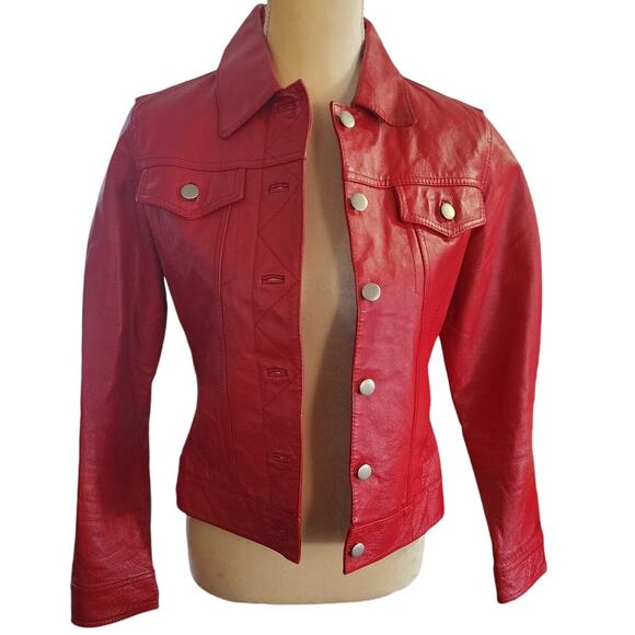 metro style fitted Button down red leather jacker Size 4 - Picture 1 of 7